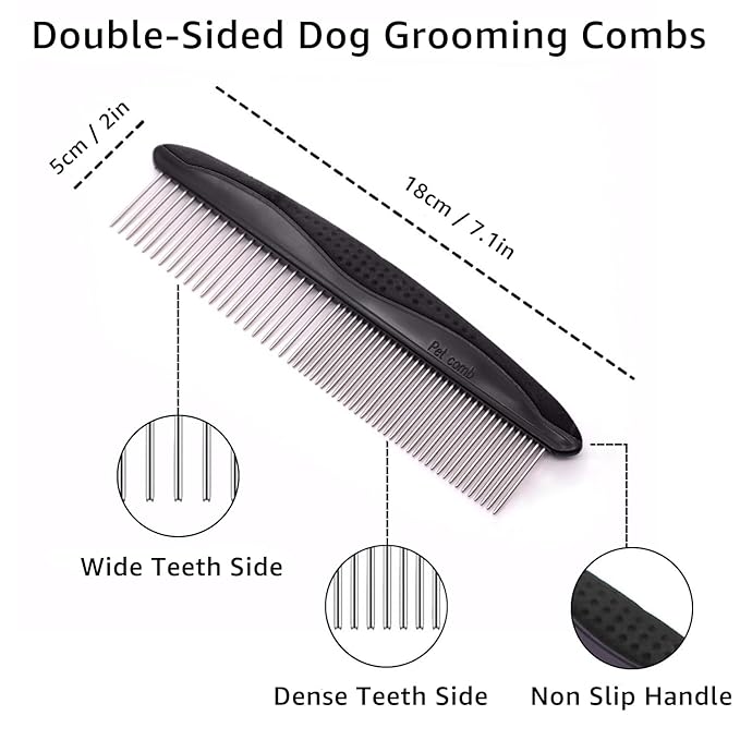 YINGFAN Dog Comb, Stainless Steel Dematting Comb for Dogs and Cats, Non-Slip Handle Dog Combs for Grooming Matting (Black)