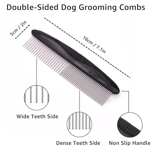 YINGFAN Dog Comb, Stainless Steel Dematting Comb for Dogs and Cats, Non-Slip Handle Dog Combs for Grooming Matting (Black)
