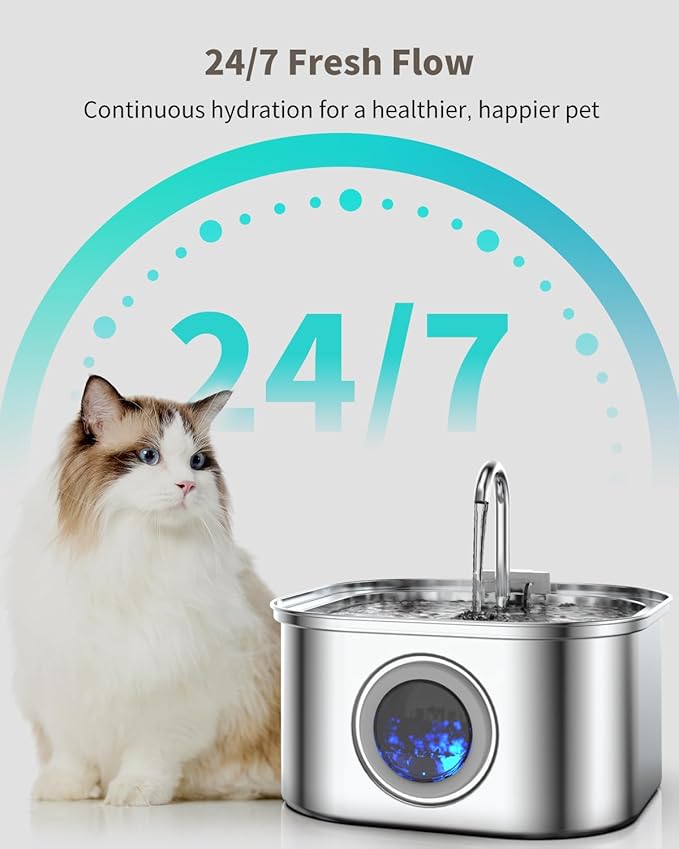 Cat Water Fountain Stainless Steel, 3.2L/108oz Cat Fountain with Large Water Level Window, Pet Water Dispenser with Quiet Pump Ideal for Cats, Dogs and Multi-pet households