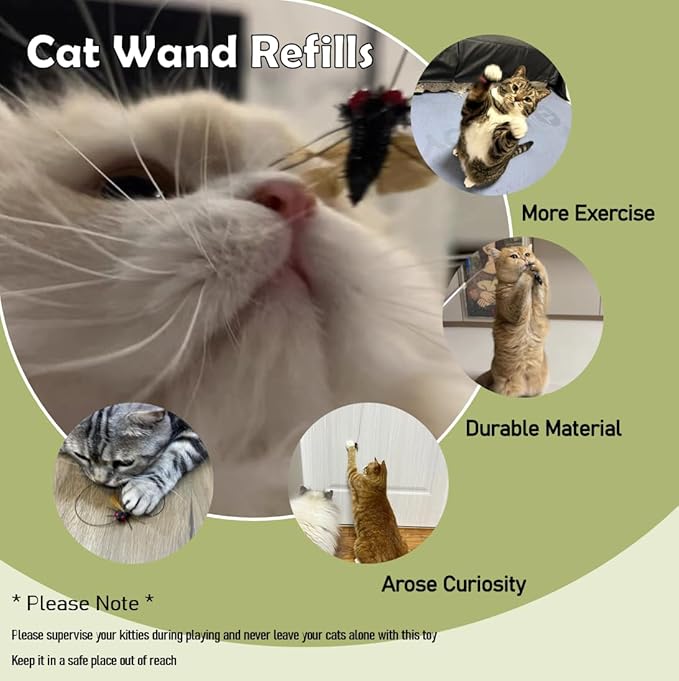Cat Insect Feather Toys Replacement - 2 Pcs Handmade Natural Flies - Cat Toy Wand Refills - Interactive Kitten Teaser Wand Attachments - Cat Toys for Indoor Cats Play