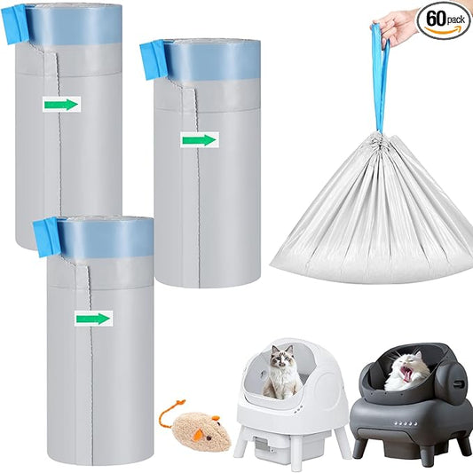 60 Count Cat Litter Replaced Waste Bags Liners for NeakasaM1 Petpivot Autoscooper 11 and Similar Open-Top Self-Cleaning Cat Litter Box, Disposable Pet Wast Bags with Drawstring Heavy Duty Leak-proof