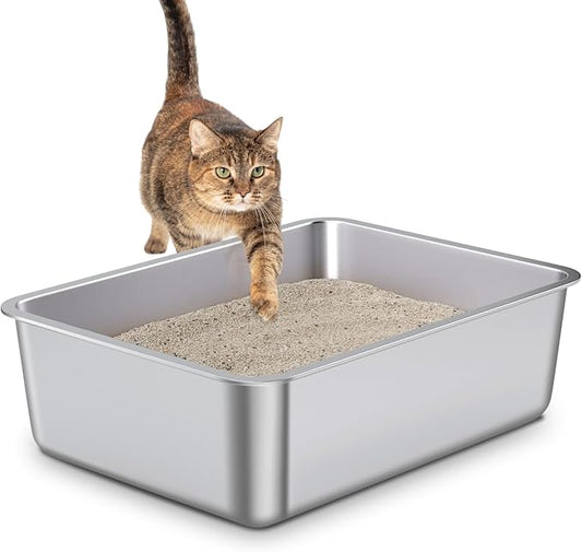 Stainless Steel Cat Litter Box, Metal Litter Box, Cat Litterbox for Kitten, Kitty, Rabbit, 6" High Side Cats Litter Boxes, Large Stainless Steel LitterBox, No Smell, Non Stick, Easy to Clean