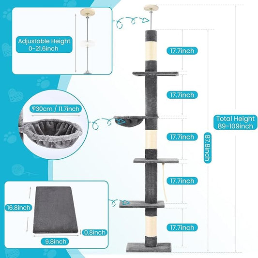 Cat Tree 5-Tier Floor to Ceiling, 89-109 Inch Adjustable Height Cat Tower with Cozy Hammock, Cat Climbing Tree for Indoor Cats, Darkgrey