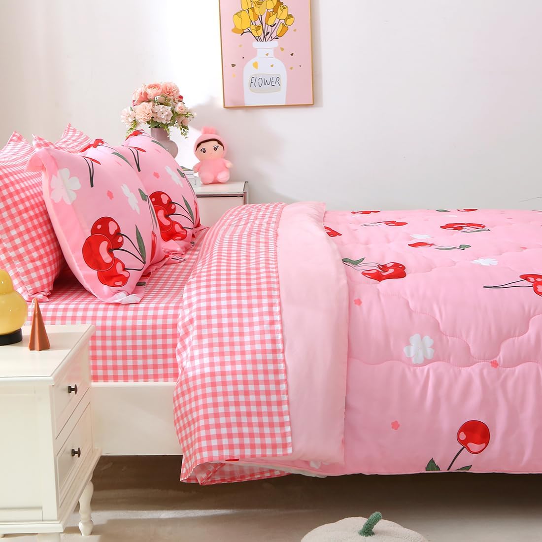 Girls Cherry Comforter Bedding Set Full Size 7 Piece Pink Kawaii Oriental Cherry Comforter Set Bed in A Bag for Kids Teens All Season (Comforter,Flat Sheet,Fitted Sheet and Pillow Sham)
