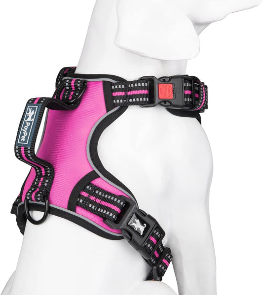 PoyPet No Pull Dog Harness, No Choke Front Clip Reflective Dog Vest with Soft Padded Vertical Handle, 3 Leash Attachments for Small Medium Large Dogs (Pink,S)