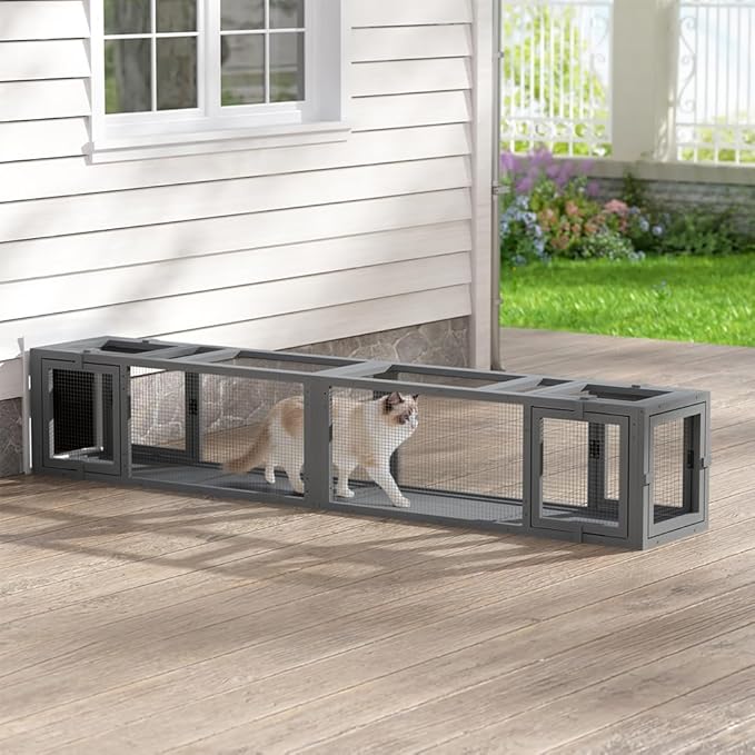 COZIWOW Wooden Cat Play Tunnel with Platforms | Configurable Window Catio | Multi-Combination Extendable Cat Run for Indoor/Outdoor Use | Small Pet Play Enclosure
