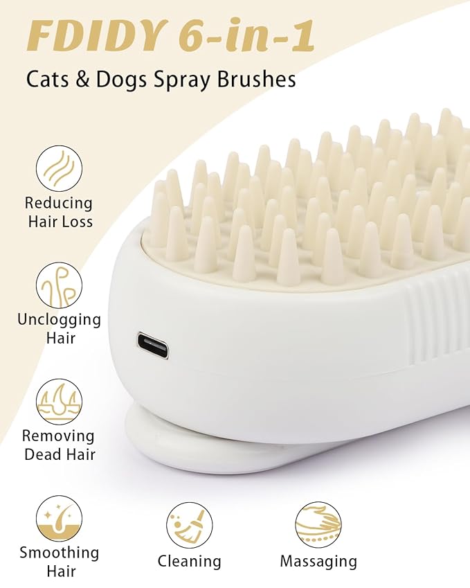 6 in 1 Cat Steam Brush for Shedding, Portable Anti-Static Grooming Comb for Cats & Dogs, Steam Misting Water Brush, Self-Cleaning Pet Hair Remover, Indoor Cat Spray Brushes for Cats & Dogs