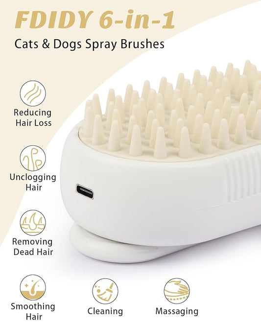 6 in 1 Cat Steam Brush for Shedding, Portable Anti-Static Grooming Comb for Cats & Dogs, Steam Misting Water Brush, Self-Cleaning Pet Hair Remover, Indoor Cat Spray Brushes for Cats & Dogs