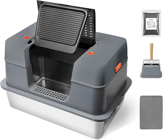 Stainless Steel Enclosed Cat Litter Box with Lid，Covered Metal Kitty Litter Box with Litter Mat and Odor Reduction Pack(2kg), Metal Scoop，Switchable Design, Easy Clean (Litter Box Grey)