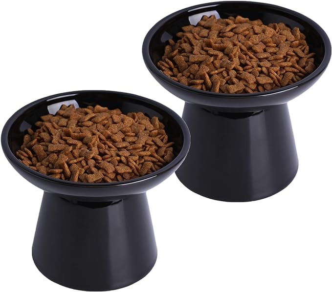 6.2 Inch Extra Wide Elevated Ceramic Cat Bowls, Food and Water Bowl Set for Elder Big Cats Small Dogs, Raised Design for Pet Easy Eating, Protect Cat's Spine Set of 2(Black)