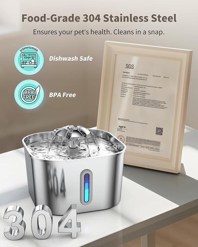 Cat Water Fountain Stainless Steel, 2.2L/74oz Cat Fountain with Quiet Pump, Automatic Pet Water Dispenser, Ideal for Multi-pet Homes, Fresh & Clean Water for Cats and Dogs