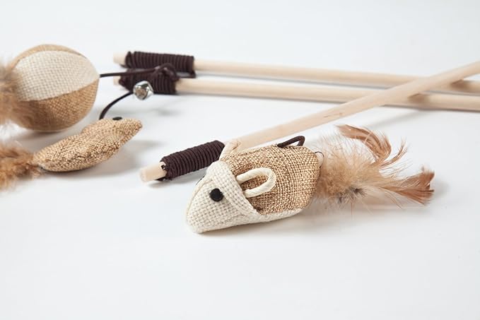 Cat Teaser Cat Kitten Toys Set Natural Sisal Wand Teasers with Mouse, Bell, Feather, Elastic String, and Sturdy Wood Rod