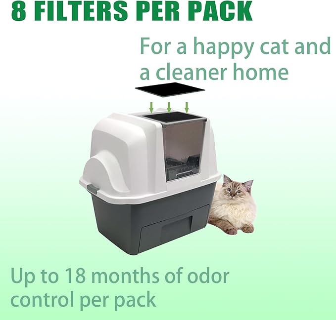 8 Pcs Charcoal Filters Compatible with Van Ness Cat Litter Box, 4.5 x 6.5Inch Replacement Activated Carbon Premium Odor Filters for Pureness F6 Zeloite Air Filter, Black