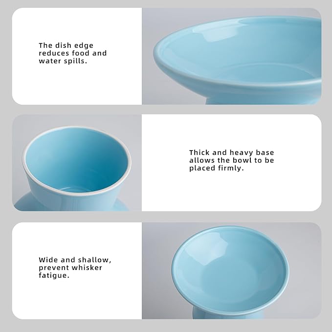 6.2 Inch Extra Wide Elevated Ceramic Cat Bowls, Food and Water Bowl Set for Elder Big Cats Small Dogs, Raised Design for Pet Easy Eating, Protect Cat's Spine Set of 1(Blue-1pc