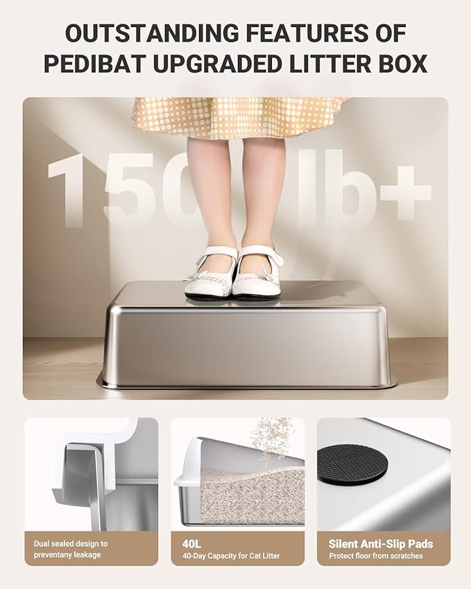 Stainless Steel Cat Litter Box with Scoop, Metal Litter Box High Sided, Cat Litter Box Enclosure, XL Extra Large High-Sided Litter Boxs (Anti-Urine Leakage, Include Scoop) (Black＆White)