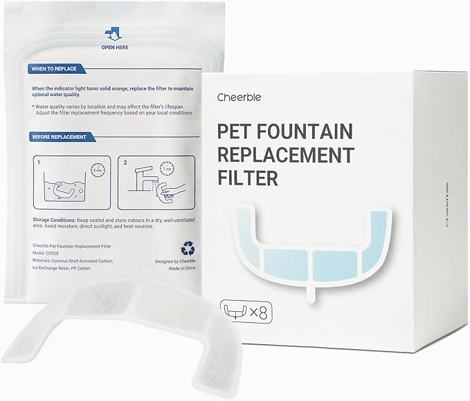 Cheerble Pumpless Cat Water Fountain, 2L/67oz Automatic Pet Fountain, Elfin E1 Lite Cat Fountain for Drinking, MagDrive™ Technology, Continuous Flow Mode, BPA-Free (White, 8 Filters)