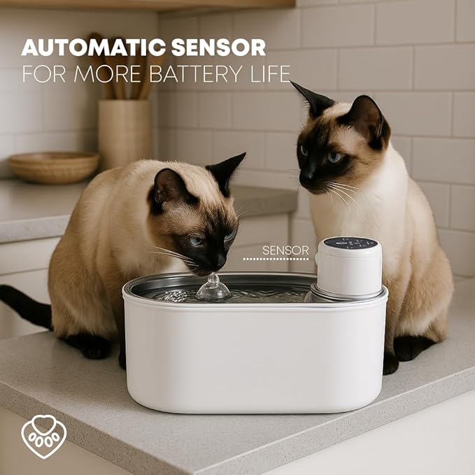 PawPure Wireless Cat Water Fountain, 3L Stainless Steel, 4800mAh Battery, Ultra-Quiet <20dB Pump, Motion Sensor & 3 Flow Modes, BPA-Free, Easy Clean Pet Fountain for Cats & Dogs