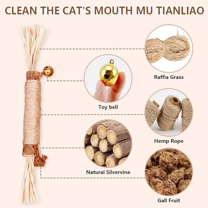 Natural Dried Matatabi Cat Chew Stick with Gall Fruit, Raffia Grass & Bell Ball Toys for Cat, Silvervine Sticks Interactive Catnip Toys for Teething & Entertainment (Size L Color I)