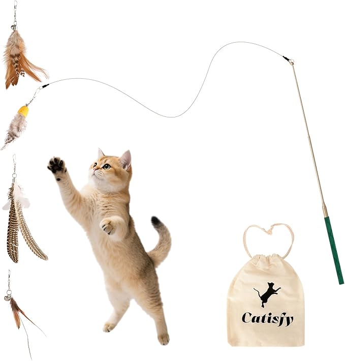 Cat Wand Toy – Retractable Wand with 4 Feather Toy Refills for Indoor Cat Enrichment, Interactive Toy for Bored Adult Cats and High-Energy Kittens (FlutterFlick Series)