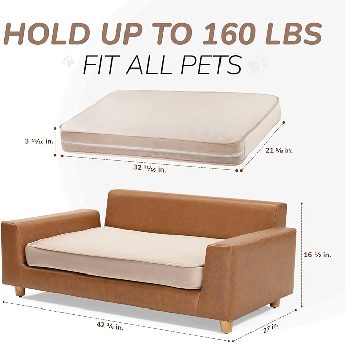 dCee Luxury Dog Sofa Bed, Luxury 42" Leather Pet Couch for Large Dogs, Washable Velvet Cushion, Sturdy Wooden Frame, Anti-Slip Design, Joint Support, Comfortable and Stylish for Pets Up to 160 Lbs