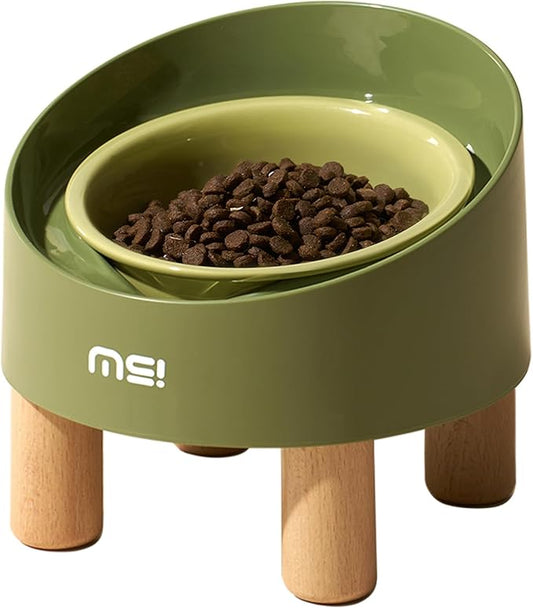 MS!MAKE SURE Cat Bowls, Adjustable Elevated Ceramic Cat Bowls with Anti-Slip Rubber Pad, Splash Guard, Lead & Cadmium Free, Whisker Friendly, for Puppies & Cats - 5.1" Wide, 295ML (10 oz), Green