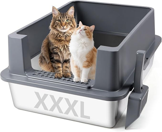 Stainless Steel Litter Box, XXXL 27.6" H x 19.7" W x 11.8" H Extra Large Metal High Sided Cat Litter Box with Scoop, Leak-Proof, Easy Clean for Big Cats/Multiple Cats (Dark Grey)