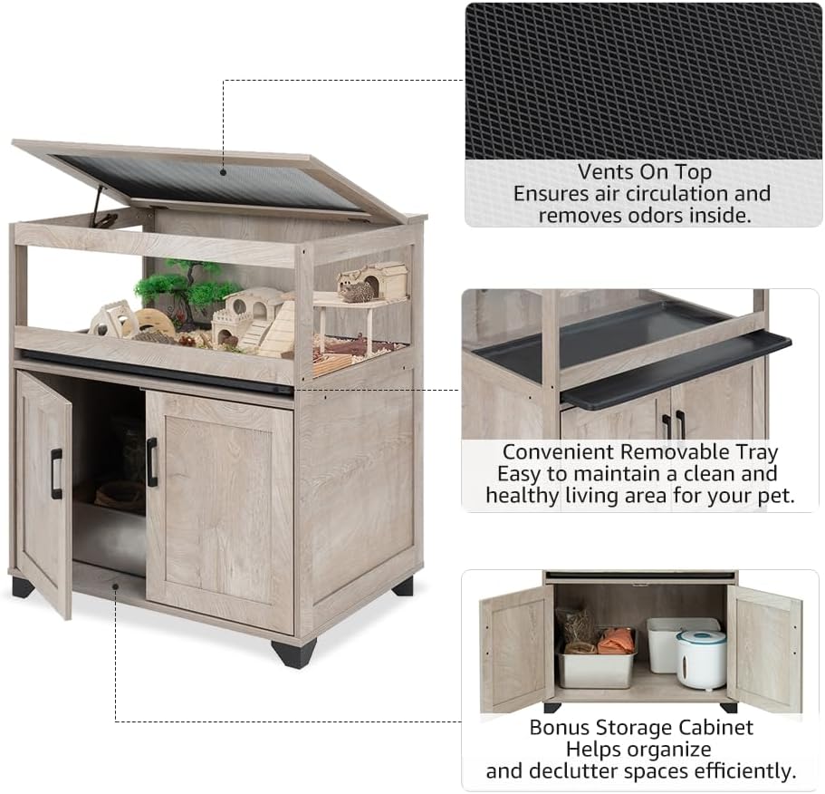 unipaws Hedgehog Cage with Storage Cabinet, Hamster Cage for Rat and Guinea Pigs, Clear Transparent PVC Visual Small Animal Cage with Tray, Hamster Enclosure, Grey