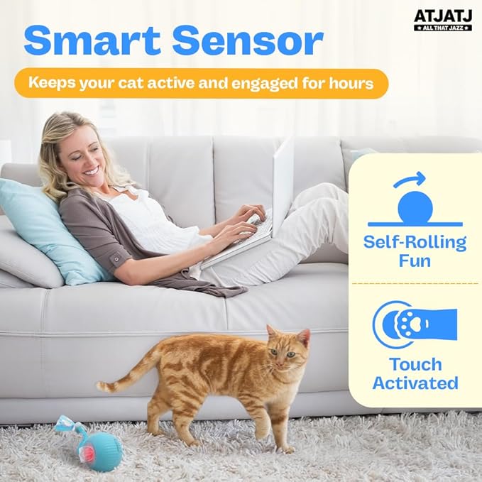 Interactive Cat Balls Toys for Indoor Cats, Automated Smart Ball Cat Toy with Elastic Mesh Tail, 3-Speed Rechargeable Rolling Kitten Toy, Electronic Mental Stimulating Self Play Pet Ball for Fun