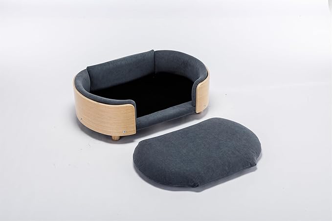 HomSof 30.7" Scandinavian Style Elevated Dog Bed Pet Sofa with Solid Wood Legs and Bent Wood Back,Velvet Cushion,Mid Size,Dark Grey