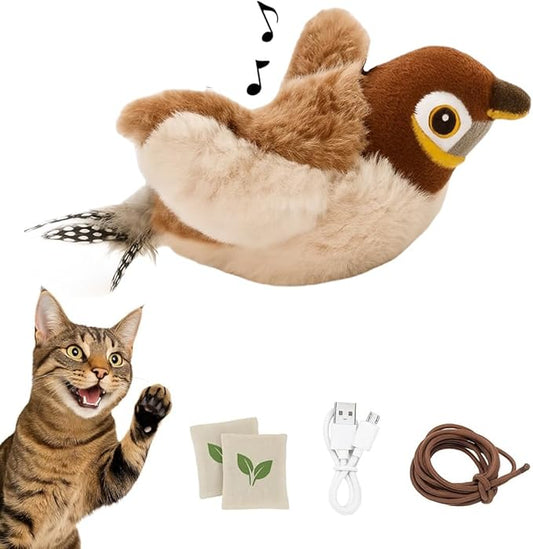 Toys Rechargeable Flapping Bird Sparrow, Lifelike Chirp Tweet, Touch Activated Kitten Toy Interactive Cat Exercise Toys for All Breeds Cat Kicker Catnip Toys (White Faced Sparrow)