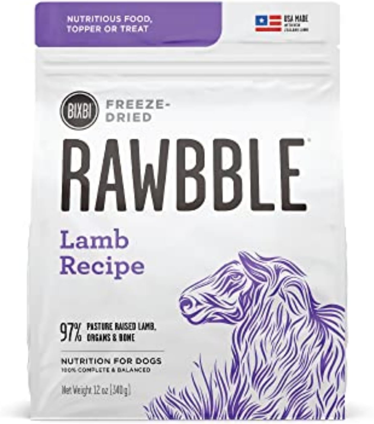 BIXBI Rawbble Freeze Dried Dog Food, Lamb Recipe, 12 oz - 97% Meat and Organs, No Fillers - Pantry-Friendly Raw Dog Food for Meal, Treat or Food Topper - USA Made in Small Batches
