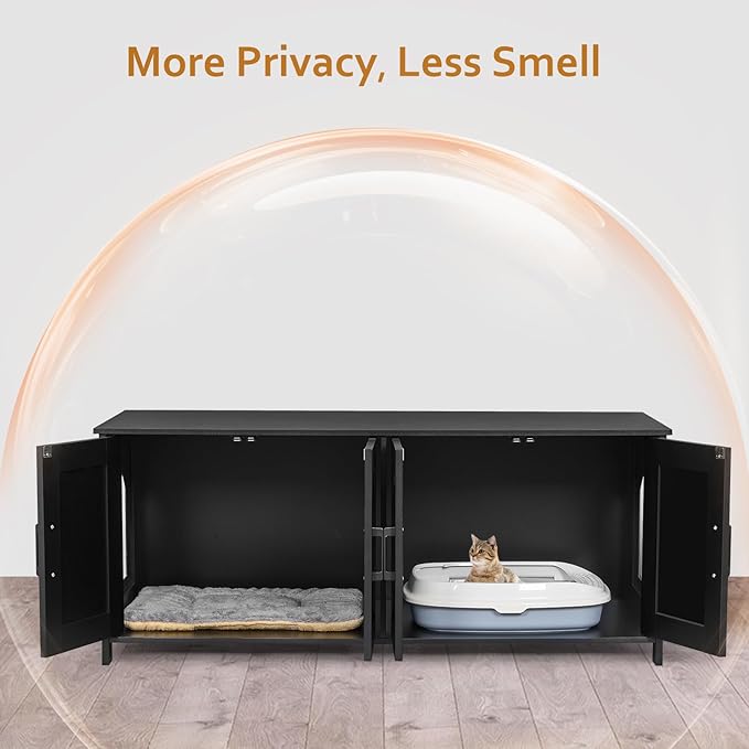 Homhedy Cat Litter Box Enclosure for 2 Cats, Litter Box Furniture Hidden with Double Room,Wooden Cat Washroom Furniture,Cat House,47.2”L x 19.7”W x 19.7”H,Black