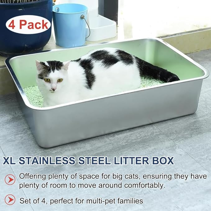 Stainless Steel Litter Box, 4 Pack Metal Cat Litter Pan with 6" High Sides, 19.6"x13.7" Large Cat Litter Box for Big and Small Cats, Easy to Clean, No Smell, Anti-Urine Leakage