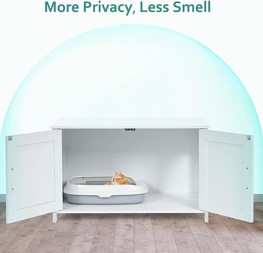 Homhedy Cat Litter Box Enclosure, Wooden Cat Washroom Furniture with Barn Door, Pet House, Fit Most of Litter Box, White