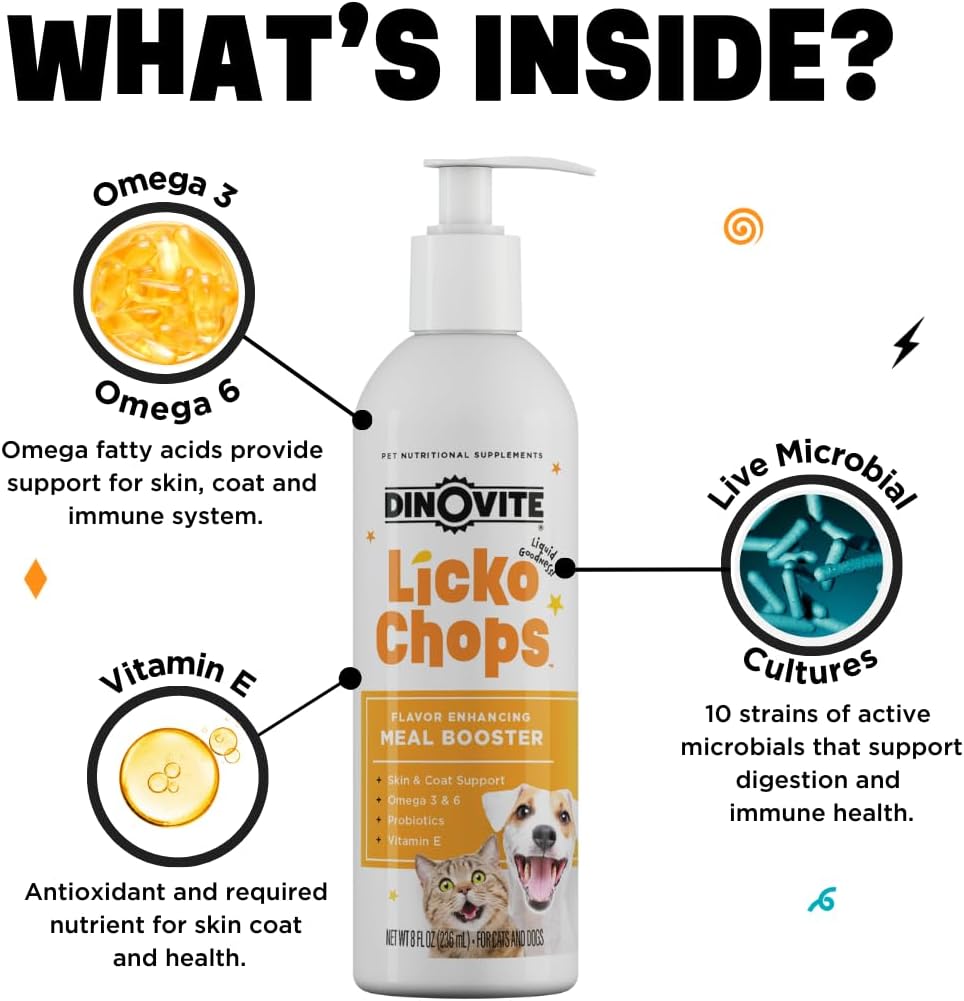 Dinovite Lickochops for Dog & Cat Supplement Enhanced with Omega-6, 3 Fatty Acids, Probiotics and Vitamin E, 16 oz with Pump