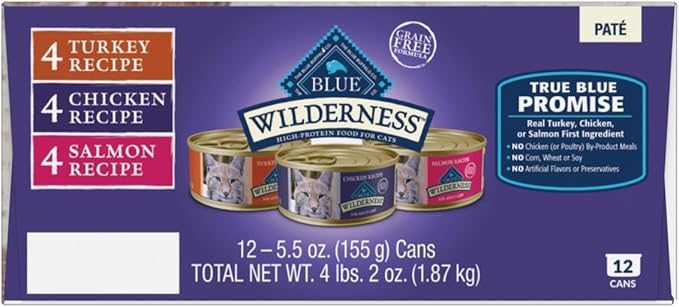 Blue Buffalo Wilderness High Protein, Natural Adult Pate Wet Cat Food Variety Pack, Chicken, Salmon, Turkey 5.5-oz can (12 count - 4 of Each Flavor)