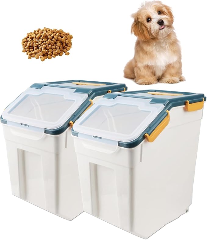 AnRui Rice Storage Container 50LB, Airtight Flour Storage Containers, Plastic Cereal Grain Dispenser Organizer Pet Food Storage Bin with Lid, Measuring Cup, Scoop, Blue, 2Pcs,Total Capacity:100LB