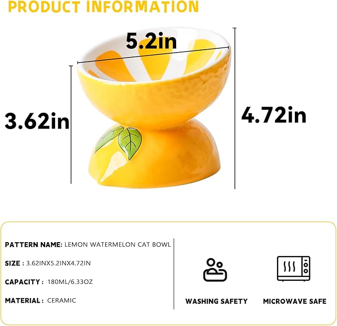 Hamiledyi Ceramic Raised Cat Bowl 5In Elevated Wide Cat Bowl for Food and Water Anti Vomiting Tilted Pet Feeder Dish for Indoor Cats and Small Dogs(Lemon)