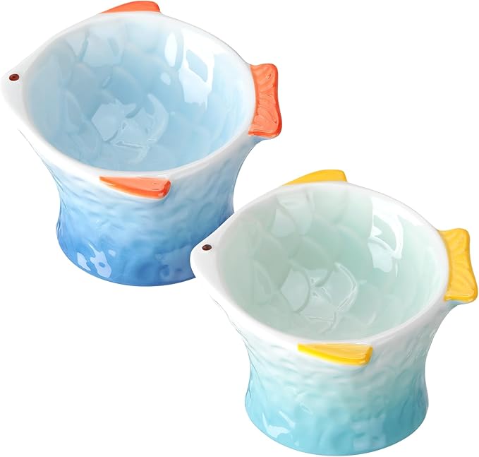 Tioncy 2 Pcs Raised Tilted Ceramic Cat Food Bowl Fish Shape Cute Elevated Slanted Shallow Angled Cat Dish Non Slip Feeder Bowl for Anti-Vomiting and Whisker Fatigue(Blue, Green)