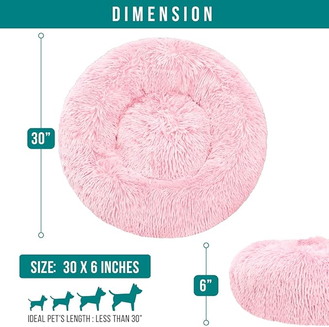 PetAmi Calming Dog Bed for Small Medium Dog Cat, Round Donut Dog Bed Washable, Fluffy Faux Fur Plush Cuddler Pet Kitten Cushion Bed, Anti-Slip, Fits up to 45 lbs, 30 inch, Pink