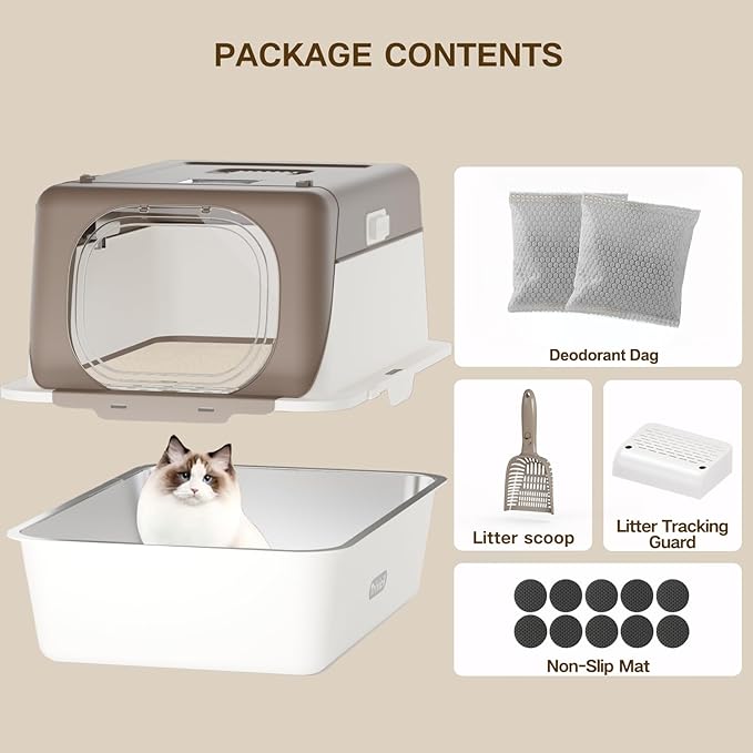 Stainless Steel Cat Litter Box with Lid, XX-Large Extra Large Litter Boxes for Large Cats,Enclosed Removable Metal Kitty Litter Box with High Sided,Magnetic Door,40L Box, Litter Trap Step/Mat