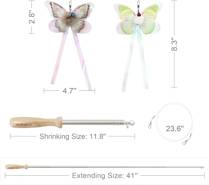 SONGWAY Cat Butterfly Toys Wand - 7 Pieces Cat Toy Set, Retractable Cat Wand with 6 Butterfly Cat Toys Replacement with Bells, Interactive Cat Toys for Indoor Cats Kittens