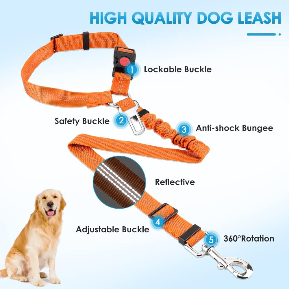 SlowTon Dog Seat Belt for Car, 2 Pack Dog Car Harness Seatbelt Adjustable with Elastic Bungee Buffer, 2 in 1 Pet Car Leash Headrest Restraint Dog Reflective Safety Tether (Orange, Headrest+Clip)