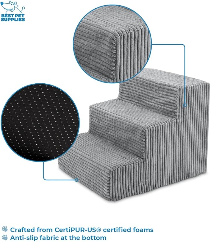 Best Pet Supplies Dog Stairs & Steps - CertiPur-US Made in USA Foam Steps for Small Dogs & Cats, Non-Slip Indoor Balanced Pet Step Support, Dog Ramp, No Assembly, Gray, 3-Step (13.5-inch Height)