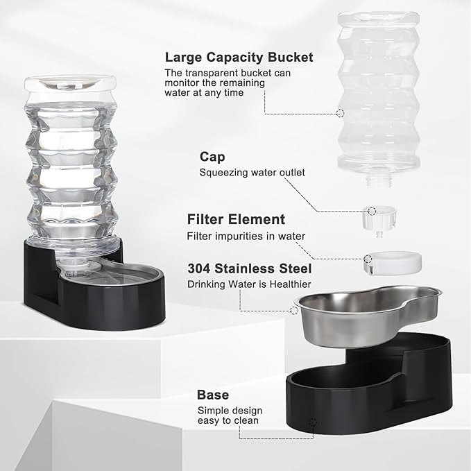 RIZZARI Dog Food Water Dispenser: 7L Automatic Black Large Stainless Steel Fountain with Filter - Gravity Water Feeder - Healthy Hydration for Pets Indoors Outdoors