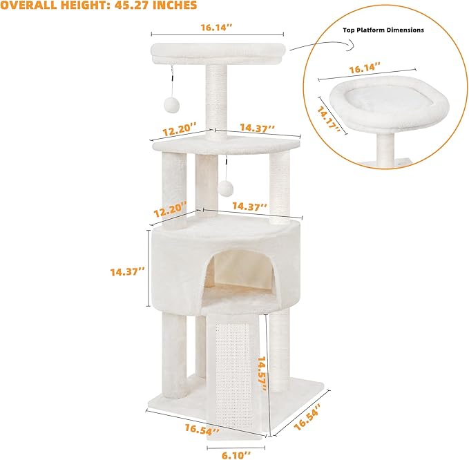 45in Cat Tree Tower with Big Condo for Indoor Kitten,Cat Tower with Scratching Post,Scratching Board and Cat Toys,Multi-Level,Small Space,Transformer Cat Tree, Beige(New)