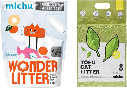 Tofu Cat Litter Natural Clumping Tofu Cat Litter 5.5lb/88oz 5 Scents (Greentea + Wonder Litter, 2 Pack)