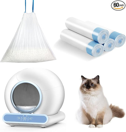 Self-Cleaning Cat Litter Box Liners - 60 Pack, Drawstring Cat Litter Waste Bags for Automatic Litter Box-18" x 18"