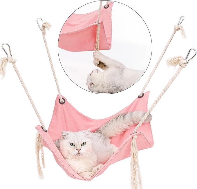 Breathable Linen Cat Hammock with Cotton Ropes in Clean Solid Colors, Minimalist Design for Cages Machine Washable (Pink)