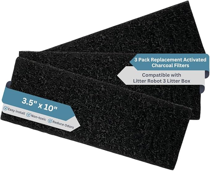3-Pack Activated Carbon Filters for Litter Box - Pre-Cut 3.5" x 10" Activated Carbon Filter Replacement - Absorbs Odors and Dust - Compatible with Litter Robot 3 Model, Made in USA